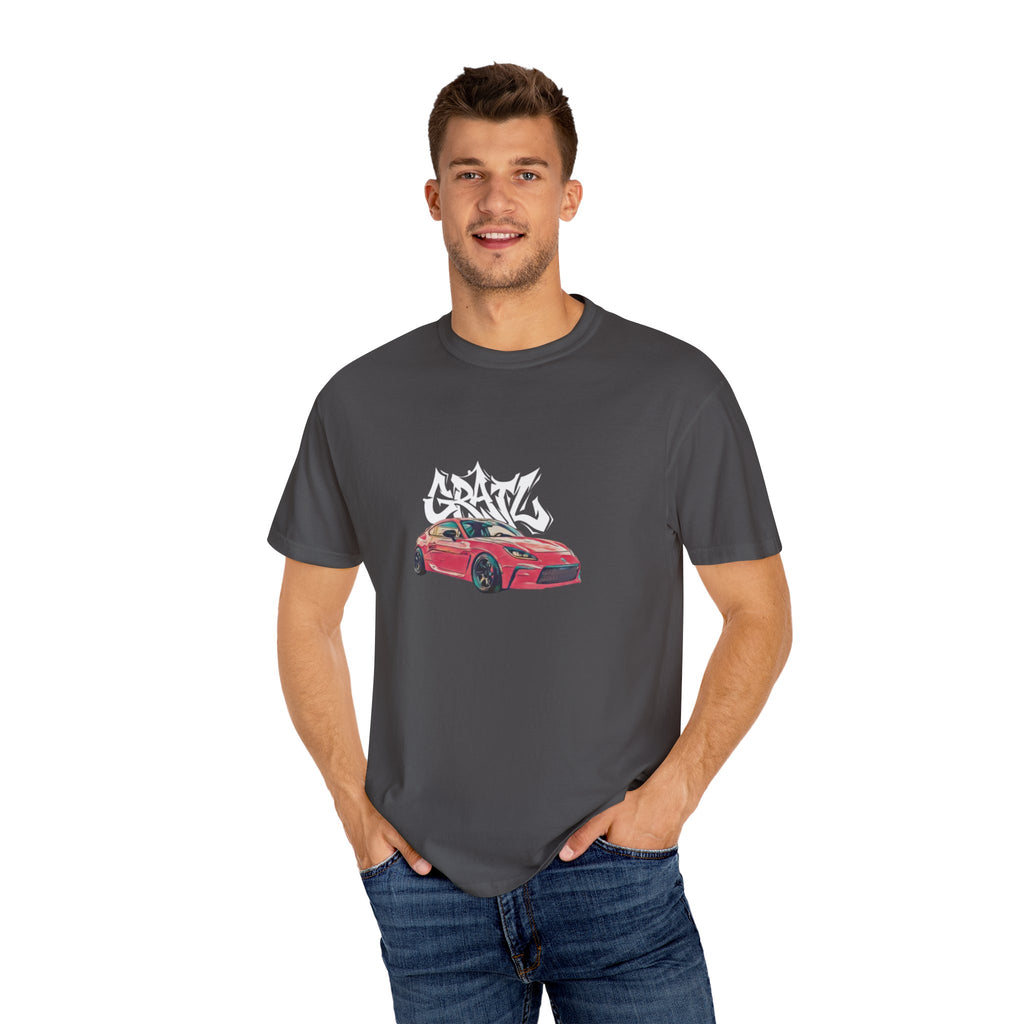 Car Enthusiast T‑Shirt — Red Sports Car Graphic with 'GRAV' Graffiti