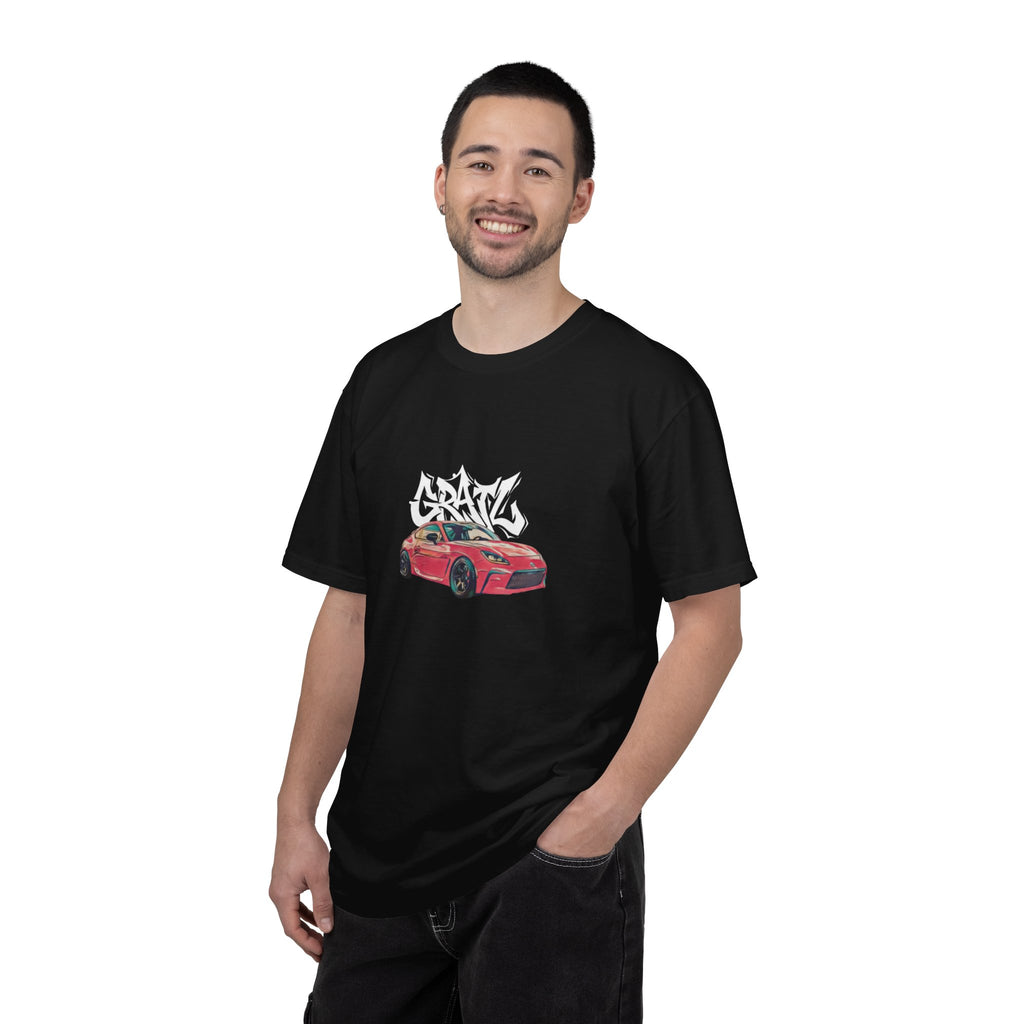 Car Enthusiast T‑Shirt — Red Sports Car Graphic with 'GRAV' Graffiti