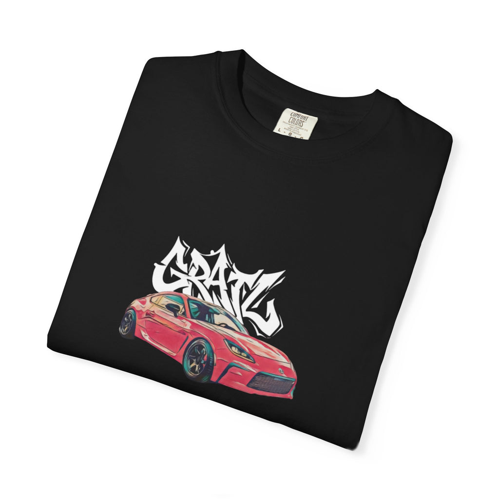 Car Enthusiast T‑Shirt — Red Sports Car Graphic with 'GRAV' Graffiti