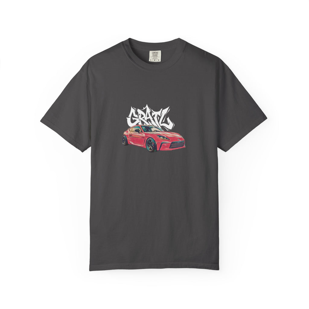 Car Enthusiast T‑Shirt — Red Sports Car Graphic with 'GRAV' Graffiti