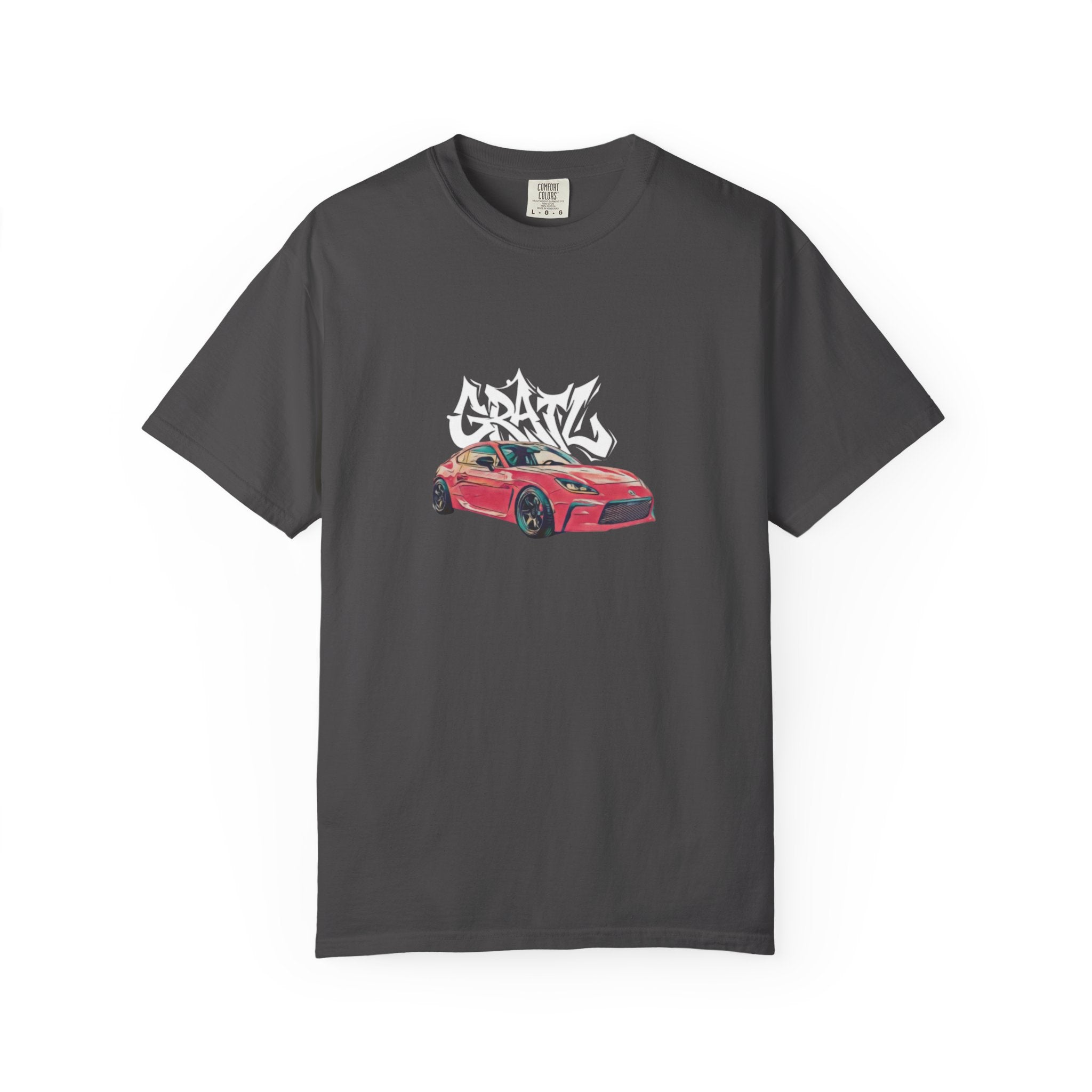 Car Enthusiast T‑Shirt — Red Sports Car Graphic with 'GRAV' Graffiti