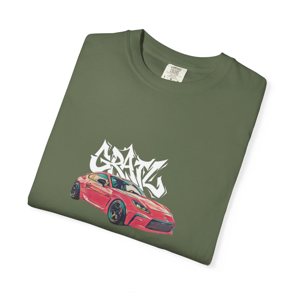 Car Enthusiast T‑Shirt — Red Sports Car Graphic with 'GRAV' Graffiti