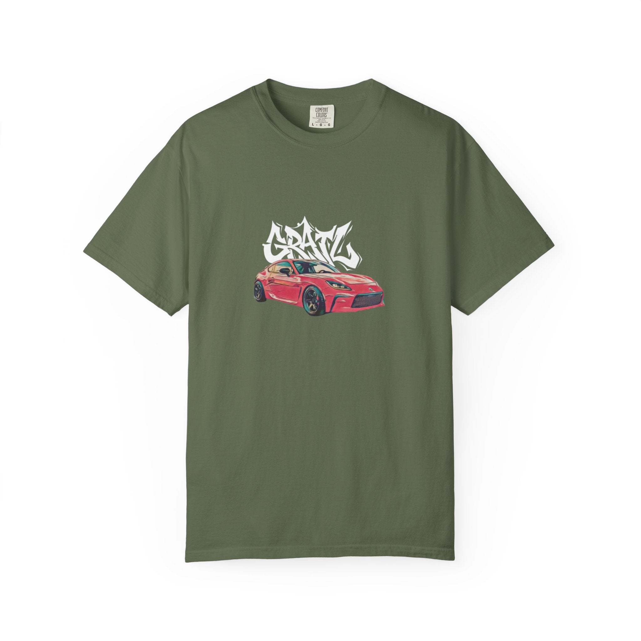Car Enthusiast T‑Shirt — Red Sports Car Graphic with 'GRAV' Graffiti