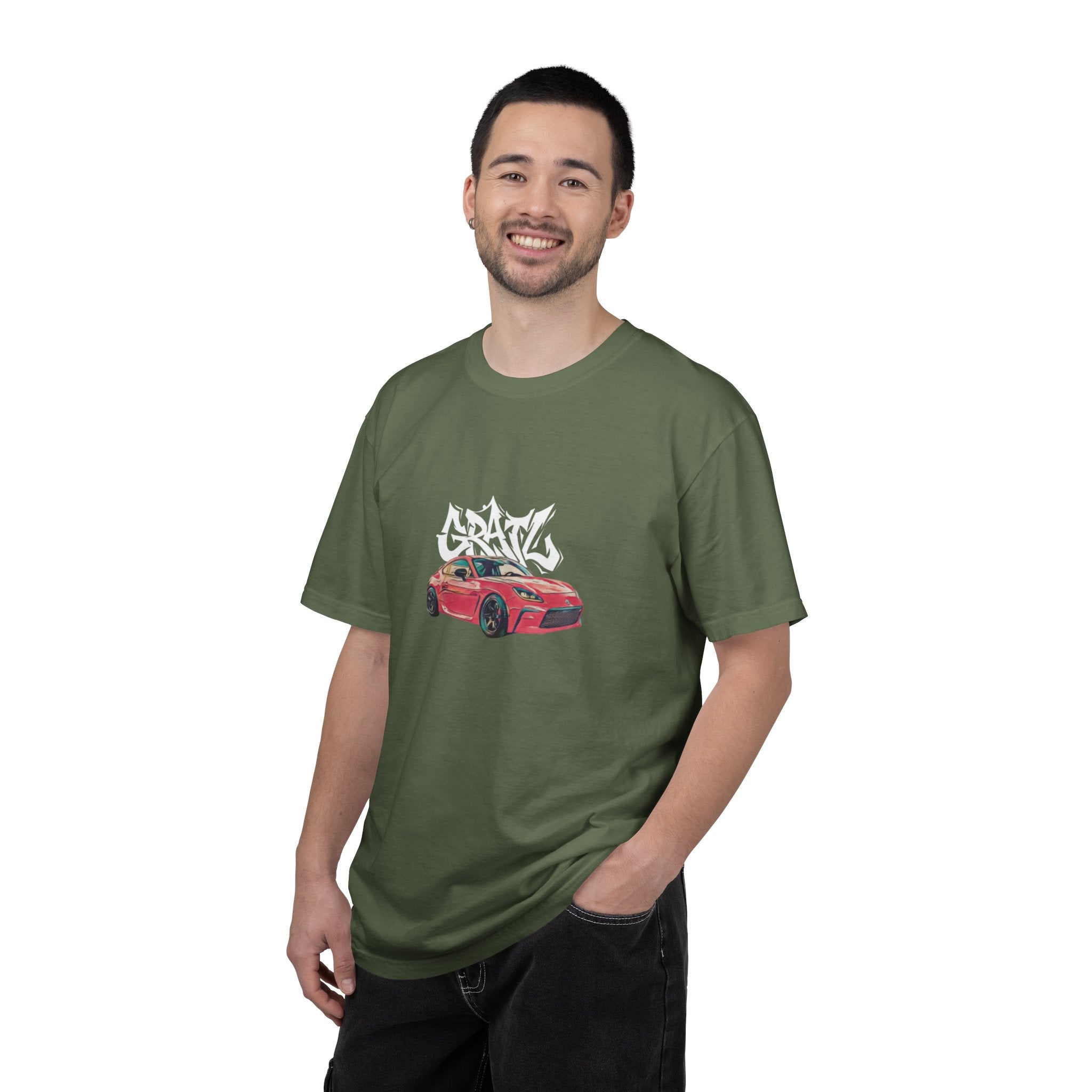 Car Enthusiast T‑Shirt — Red Sports Car Graphic with 'GRAV' Graffiti