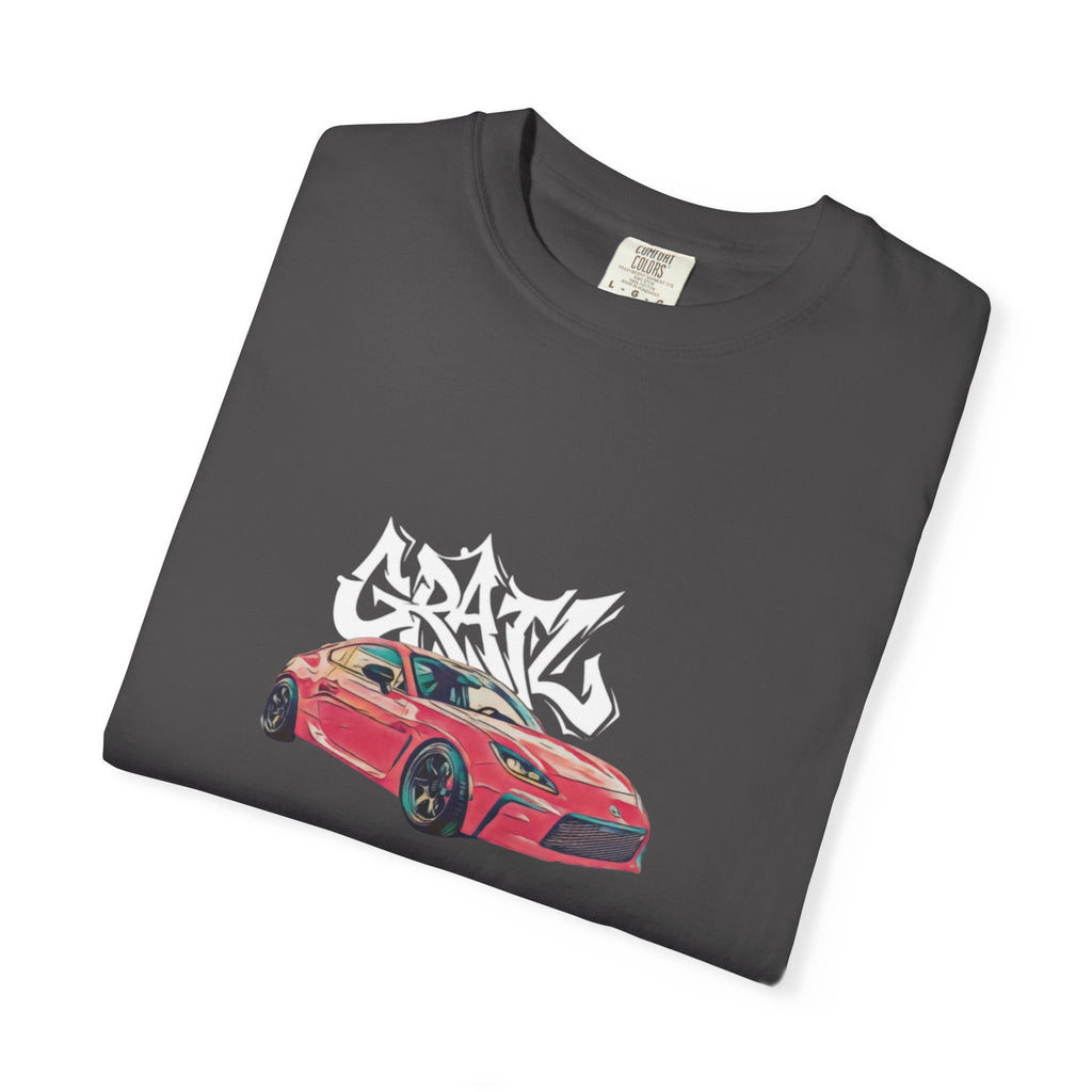Car Enthusiast T‑Shirt — Red Sports Car Graphic with 'GRAV' Graffiti