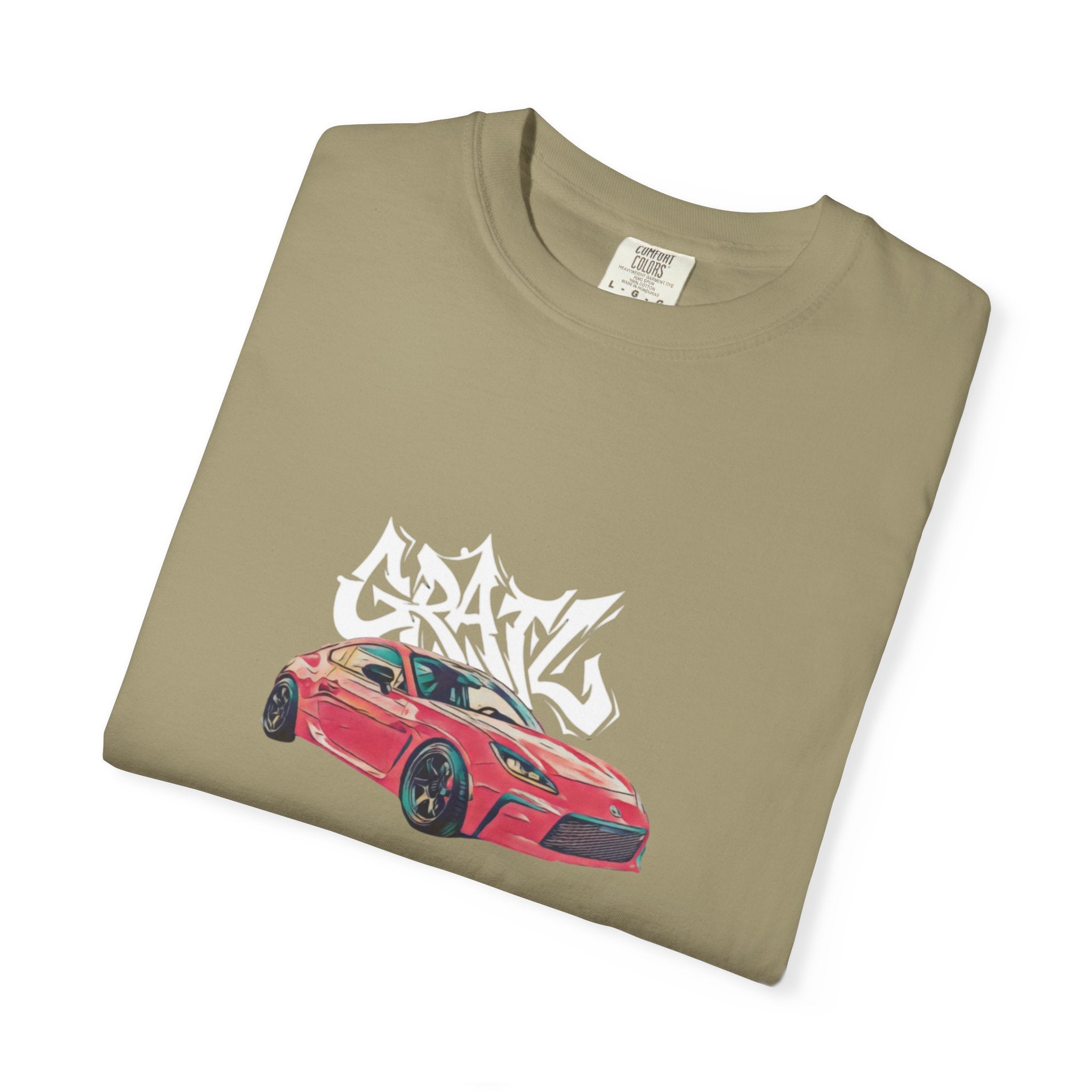 Car Enthusiast T‑Shirt — Red Sports Car Graphic with 'GRAV' Graffiti