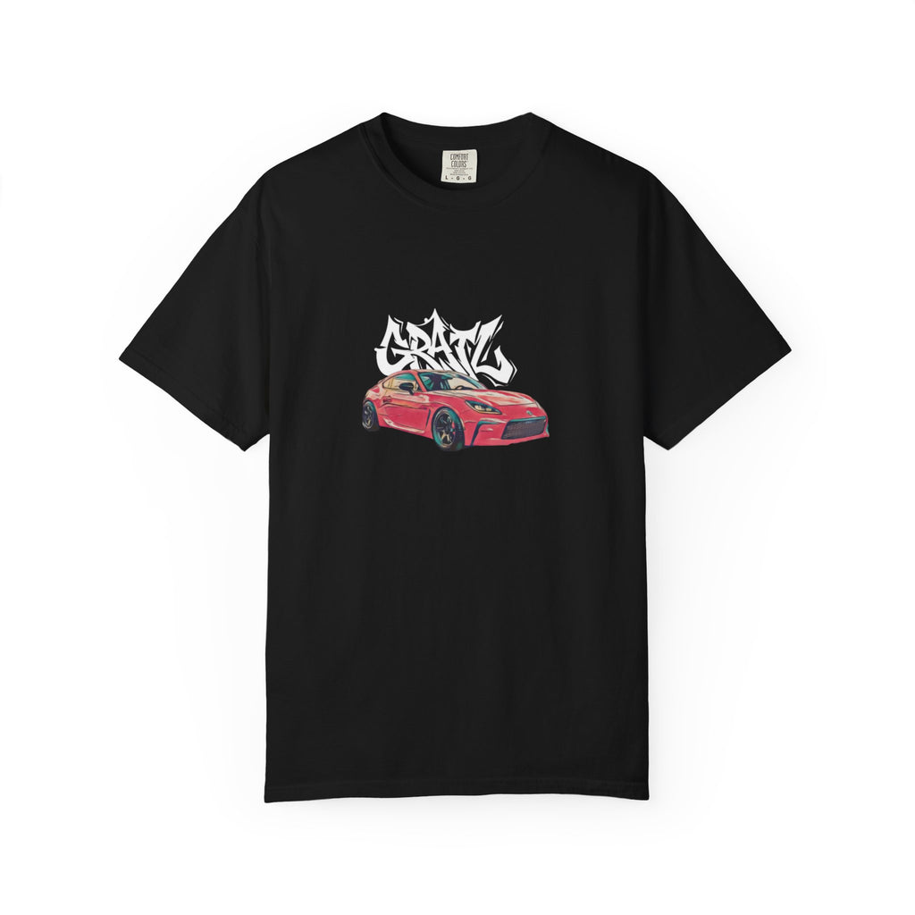 Car Enthusiast T‑Shirt — Red Sports Car Graphic with 'GRAV' Graffiti