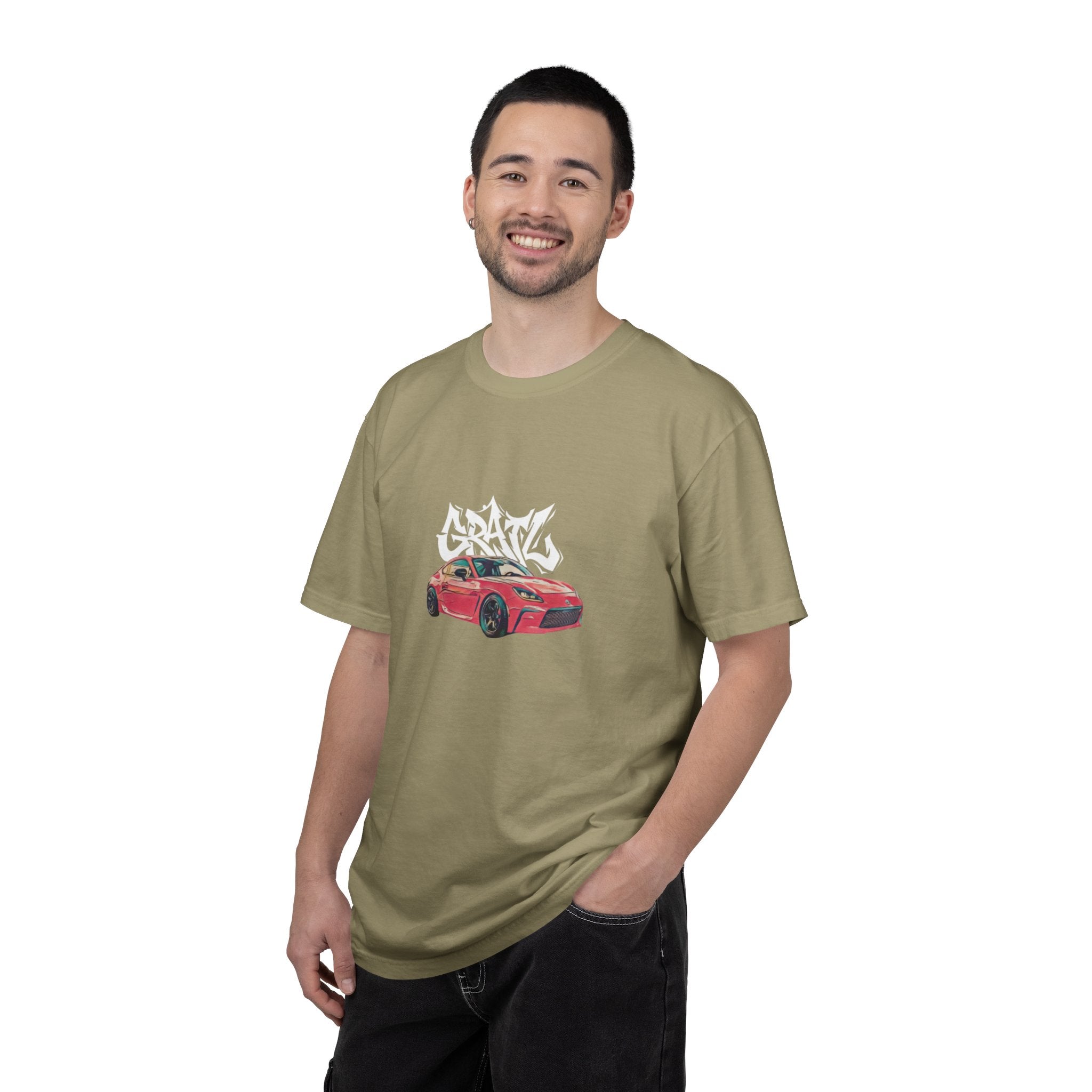 Car Enthusiast T‑Shirt — Red Sports Car Graphic with 'GRAV' Graffiti
