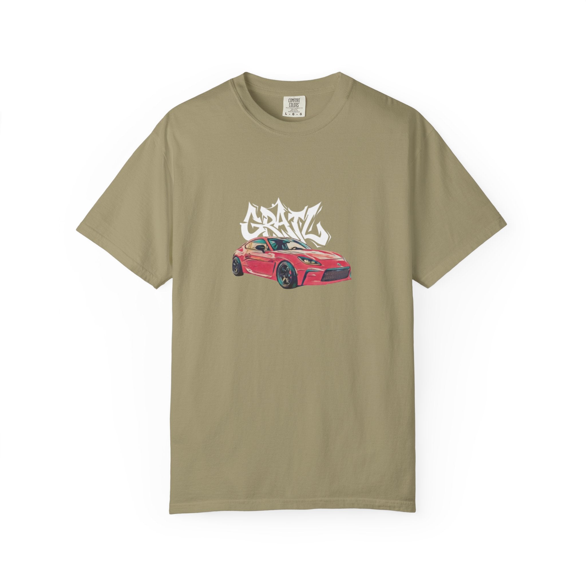 Car Enthusiast T‑Shirt — Red Sports Car Graphic with 'GRAV' Graffiti